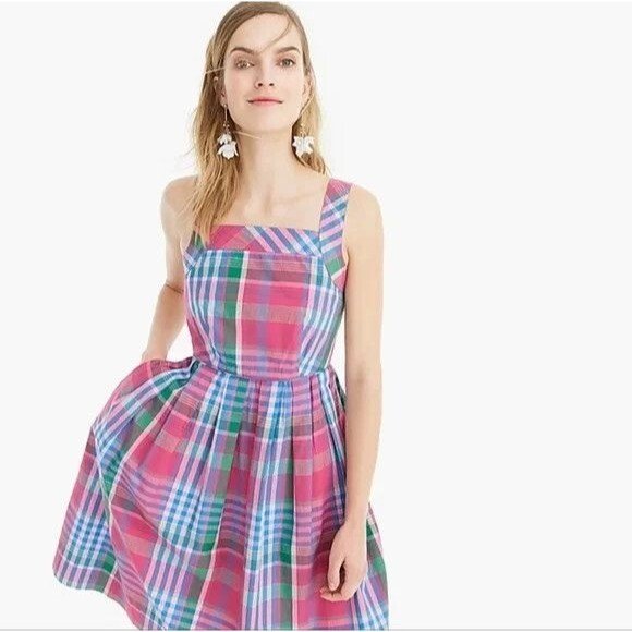 J.Crew Plaid Pleated Apron Sun Dress Size 2 Cotton Poplin Retro Preppy Pinup - Picture 2 of 9